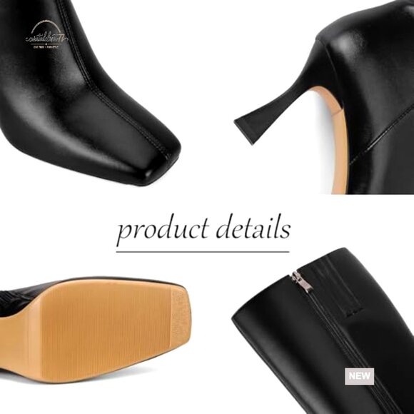 Knee High Leather Boots Stiletto Kitten Heel Square Toe Side Zipper - Picture 4 of 7